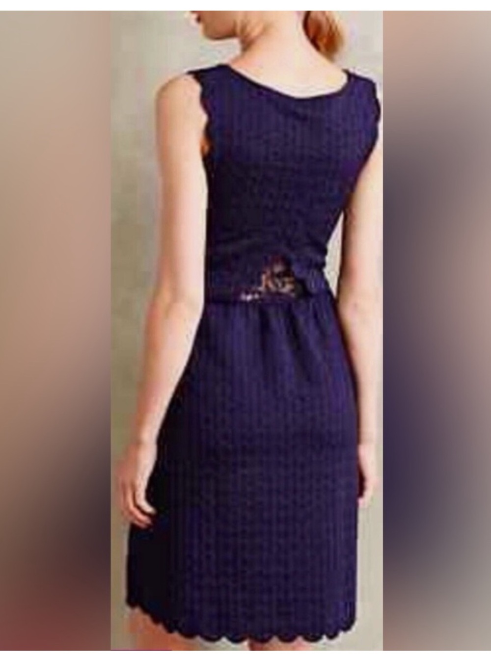 Anthropologie Maeve Marin Textured Navy Sleeveless Scallop Hem Fit &Flare Dress